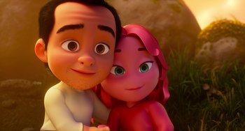 Movie still from “Blush” (2021), directed by Joe Mateo – A couple of people that are in the grass together; Extreme Close Up shot, High angle