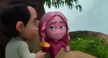 Movie still from “Blush” (2021), directed by Joe Mateo – A person is talking to a cartoon character; Medium shot, Over the shoulder angle