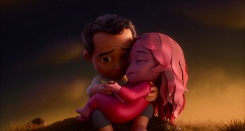 Movie still from “Blush” (2021), directed by Joe Mateo – A man and a woman hugging each other; Medium shot, Low angle