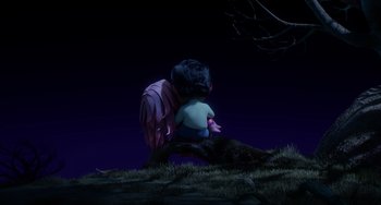 Movie still from “Blush” (2021), directed by Joe Mateo – An animated character sitting on the ground at night; Wide shot, High angle