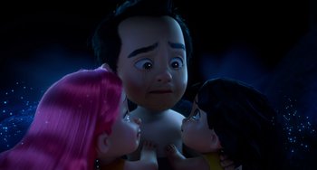 Movie still from “Blush” (2021), directed by Joe Mateo – Two girls and a boy are looking at a crying doll; Close Up shot, High angle