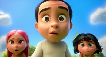 Movie still from “Blush” (2021), directed by Joe Mateo – A person's face in a cartoon style; Close Up shot, Low angle