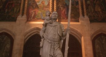 Movie still from “Book Club: The Next Chapter” (2023), directed by Bill Holderman – A statue of a man holding a child in his arms; Medium shot, Low angle