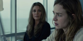 Movie still from “Books of Blood” (2020), directed by Brannon Braga – Two women sitting next to each other in front of a window; Close Up shot, Over the shoulder angle