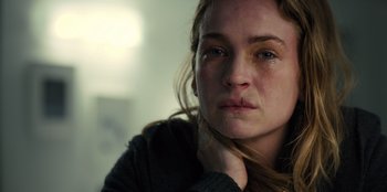 Movie still from “Books of Blood” (2020), directed by Brannon Braga – A person with her eyes closed; Close Up shot, Over the shoulder angle