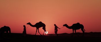 Movie still from “Born a Champion” (2021), directed by Alex Ranarivelo – A man leading a camel across the desert at sunset; Extreme Wide shot, Low angle