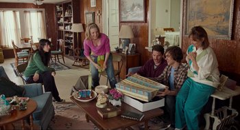 Movie still from “Boyhood” (2014), directed by Richard Linklater – A group of people sitting around a living room; Wide shot, Over the shoulder angle