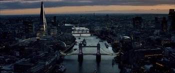 Movie still from “Brahms: The Boy II” (2020), directed by William Brent Bell – A view of the city of london at dusk; Extreme Wide shot, High angle