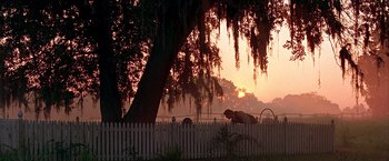 Movie still from “The Patriot” (2000), directed by Roland Emmerich – The sun is setting behind a large tree and a fence; Extreme Wide shot, Low angle