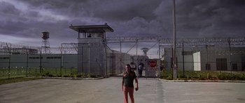 Movie still from “Cape Fear” (1991), directed by Martin Scorsese – A woman standing in front of a fence and a gate; Extreme Wide shot, High angle