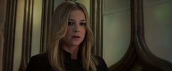 Movie still from “Captain America: Civil War” (2016), directed by Anthony Russo – A beautiful young woman with long blonde hair; Close Up shot, Over the shoulder angle