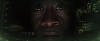 Movie still from “Captain America: Civil War” (2016), directed by Anthony Russo – A man's face in the dark; Extreme Close Up shot, Low angle