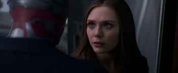 Movie still from “Captain America: Civil War” (2016), directed by Anthony Russo – A person looking at a camera; Close Up shot, Over the shoulder angle