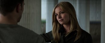 Movie still from “Captain America: Civil War” (2016), directed by Anthony Russo – A beautiful blond haired woman in a black shirt; Close Up shot, Over the shoulder angle