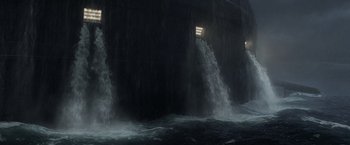 Movie still from “Captain America: Civil War” (2016), directed by Anthony Russo – A couple of water gushing out of a building; Extreme Wide shot, High angle