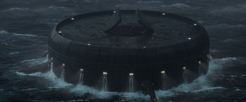 Movie still from “Captain America: Civil War” (2016), directed by Anthony Russo – An image of an alien ship in the water; Extreme Wide shot, High angle