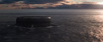 Movie still from “Captain America: Civil War” (2016), directed by Anthony Russo – A boat in the middle of the ocean at sunset; Extreme Wide shot, High angle
