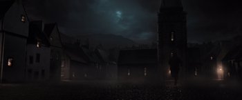 Movie still from “Captain America: The First Avenger” (2011), directed by Joe Johnston – A dark night with a castle in the background; Extreme Wide shot, Low angle