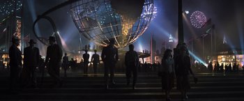 Movie still from “Captain America: The First Avenger” (2011), directed by Joe Johnston – A group of people standing in front of a large globe; Wide shot, Low angle