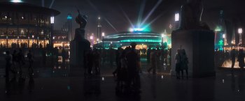 Movie still from “Captain America: The First Avenger” (2011), directed by Joe Johnston – A group of people standing in front of a building at night; Extreme Wide shot, High angle