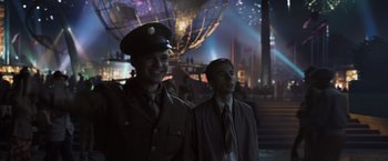 Movie still from “Captain America: The First Avenger” (2011), directed by Joe Johnston – Two men in military uniforms standing next to each other; Medium shot, Low angle