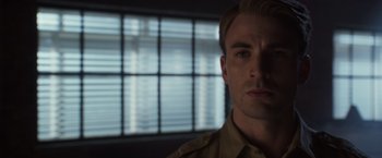 Movie still from “Captain America: The First Avenger” (2011), directed by Joe Johnston – A person wearing a uniform; Close Up shot, Low angle