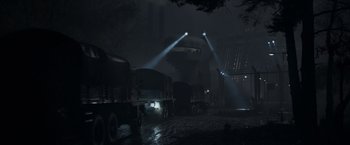 Movie still from “Captain America: The First Avenger” (2011), directed by Joe Johnston – A truck driving down a street in the dark; Extreme Wide shot, Low angle