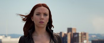 Movie still from “Captain America: The Winter Soldier” (2014), directed by Anthony Russo – A person wearing a leather jacket; Close Up shot, Over the shoulder angle