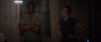 Movie still from “Captain America: The Winter Soldier” (2014), directed by Anthony Russo – A man and a woman standing next to each other; Medium shot, Low angle