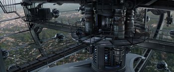 Movie still from “Captain America: The Winter Soldier” (2014), directed by Anthony Russo – An aerial view of a city with a sky background; Extreme Wide shot, High angle