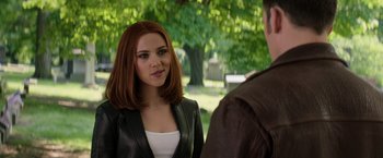 Movie still from “Captain America: The Winter Soldier” (2014), directed by Anthony Russo – A woman in a black jacket talking to a man in a brown jacket; Close Up shot, Over the shoulder angle