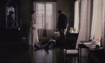 Movie still from “The Sacrifice” (1986), directed by Andrei Tarkovsky – A group of people standing in a living room; Wide shot, High angle