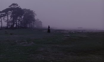 Movie still from “The Sacrifice” (1986), directed by Andrei Tarkovsky – A person standing in a field in the fog; Extreme Wide shot, Low angle
