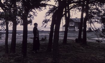 Movie still from “The Sacrifice” (1986), directed by Andrei Tarkovsky – A woman standing next to a tree near a house; Wide shot, Low angle