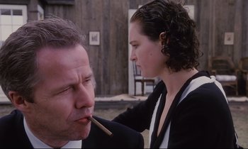 Movie still from “The Sacrifice” (1986), directed by Andrei Tarkovsky – A man and a woman are smoking a cigarette together; Close Up shot, Over the shoulder angle