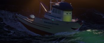 Movie still from “Cars 2” (2011), directed by John Lasseter – A boat with a face on the side of it; Extreme Wide shot, Low angle