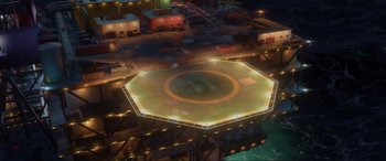 Movie still from “Cars 2” (2011), directed by John Lasseter – An aerial view of a baseball field at night; Extreme Wide shot, High angle