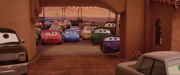 Movie still from “Cars 2” (2011), directed by John Lasseter – Wide shot, High angle