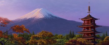 Movie still from “Cars 2” (2011), directed by John Lasseter – A painting of a mountain with snow on top; Extreme Wide shot, Low angle