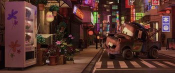 Movie still from “Cars 2” (2011), directed by John Lasseter – Extreme Wide shot, Over the shoulder angle