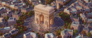Movie still from “Cars 2” (2011), directed by John Lasseter – An aerial view of the arc de triomphe in paris; Extreme Wide shot, High angle