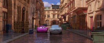 Movie still from “Cars 2” (2011), directed by John Lasseter – Wide shot, High angle