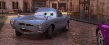 Movie still from “Cars 2” (2011), directed by John Lasseter – Wide shot, Over the shoulder angle