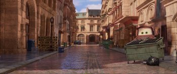 Movie still from “Cars 2” (2011), directed by John Lasseter – Extreme Wide shot, High angle