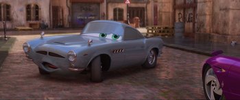 Movie still from “Cars 2” (2011), directed by John Lasseter – Wide shot, High angle