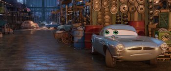 Movie still from “Cars 2” (2011), directed by John Lasseter – Wide shot, Over the shoulder angle