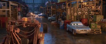 Movie still from “Cars 2” (2011), directed by John Lasseter – Wide shot, High angle