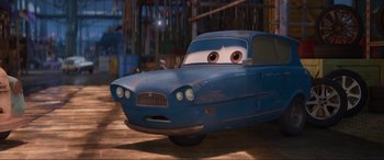 Movie still from “Cars 2” (2011), directed by John Lasseter – Wide shot, Low angle