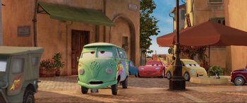 Movie still from “Cars 2” (2011), directed by John Lasseter – Wide shot, Low angle