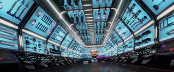 Movie still from “Cars 2” (2011), directed by John Lasseter – Wide shot, Low angle